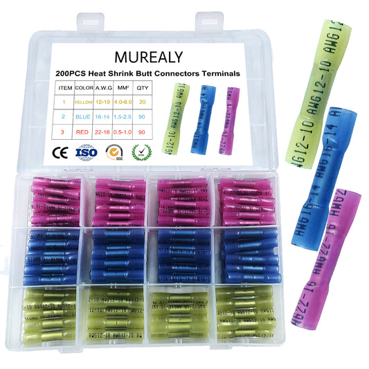 MuRealy 200 PCS Heat Shrink Wire Connectors Kit - Automotive Marine Electrical Connectors Kit (3 Colors / 3 Sizes) - Waterproof Insulated Crimp Butt Splices Terminals Kit