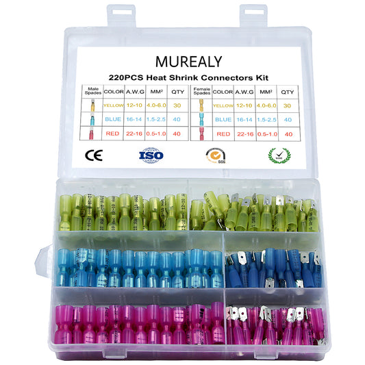 MuRealy 220 PCS Heat Shrink Wire Spade Connectors - Heat Shrink Female Male Spade Terminals, Electrical Crimp Connector Kit